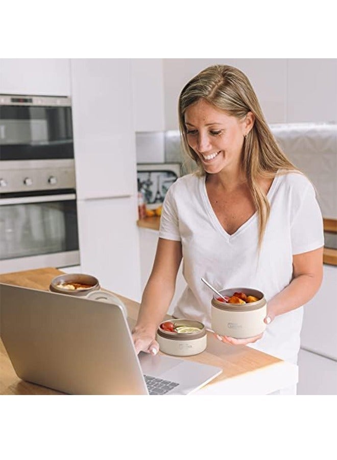 المحاكم صندوق غداء حراري قابل للميكروويف، حاويات غداء معزولة محمولة مع حقيبة، حاوية طعام من الفولاذ المقاوم للصدأ مقاومة للتسرب وقابلة للتكديس للبالغين والأطفال، مجموعة من 3 صناديق بينتو معزولة (بيج) - Image 4